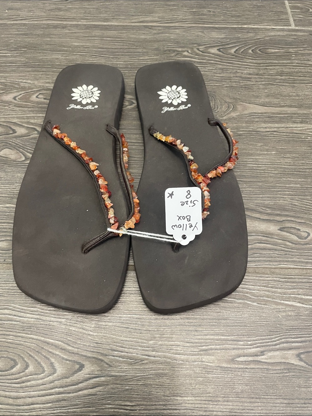 Yellow Box Brown Flip Flops with Multitone Beaded Straps